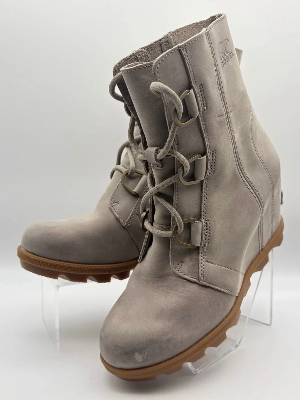 Sorel Taupe Wedge Lace-Up Boots with Gum Sole